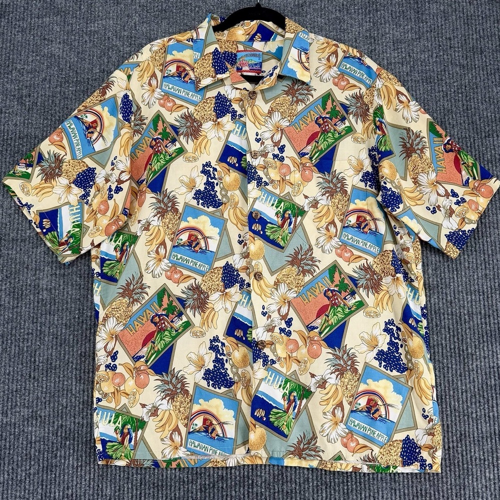 Vintage 90s Hawaiian Shirt Mens Large Pineapple Hula Scene Aloha Camp